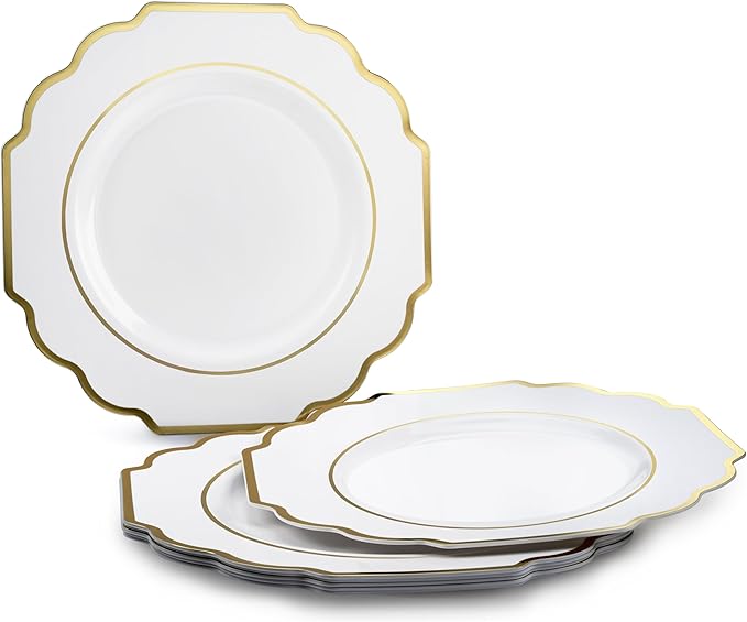 " OCCASIONS " 240 Plates Pack (120 Guests) Heavyweight Wedding Party Disposable Plastic Plates Set -120 x 10.5'' Dinner + 120 x 8'' Salad/Dessert Plate (Imperial White & Gold)