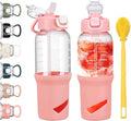 SIEROZUR 32 oz Glass Tumbler with Straw, Glass Water Bottles with 2 Lids-Handle Spout Lid & Straw Lid, 1 Liter Motivational Water Bottles, Silicone Sleeve, Fits Car Cup Holder,Pink