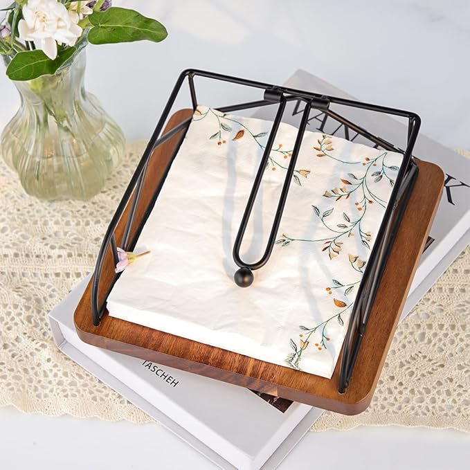 Napkin Holder for Table, Acacia Wood & Metal 360° Rotating Rustic Square Standing Napkin Holders for Paper Napkins, Farmhouse Style Kitchen Dining Table Decor – Black