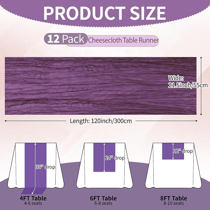 12 Pcs Dark Purple Cheesecloth Table Runner 10Ft, Gauze Table Runners 21.5 x - Image 2