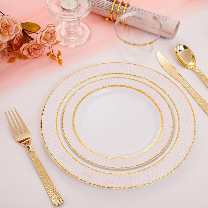 Ciaell 150PCS Pink Plastic Plates – Disposable Pink and Gold Plates Set include 50Plates, 25Forks, 25Knives, 25Spoons, 25Cups for Wedding & Party & Valentine's Day