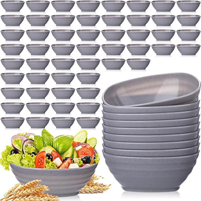 Gejoy 64 Pcs Unbreakable Cereal Reusable Wheat Straw Lightweight Bowls Microwave and Dishwasher Safe Soup Fiber Bowls for Kitchen Serving Salad Rice Snacks(Light Gray)