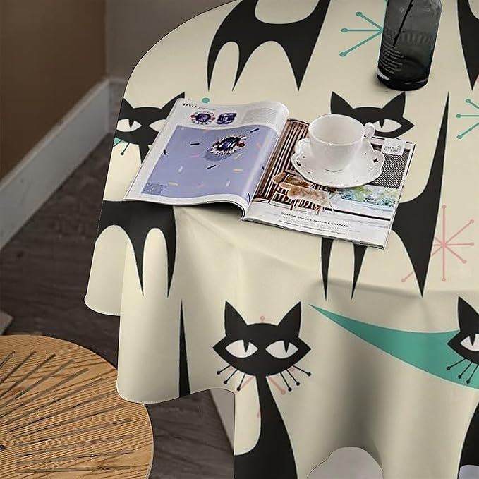 Mid Century Colorful Modern Cat Round Tablecloth, Medieval Bohemian Abstract Animal Tablecloth for Home Party Dining Room Kitchen Decor 60Inch(152cm)