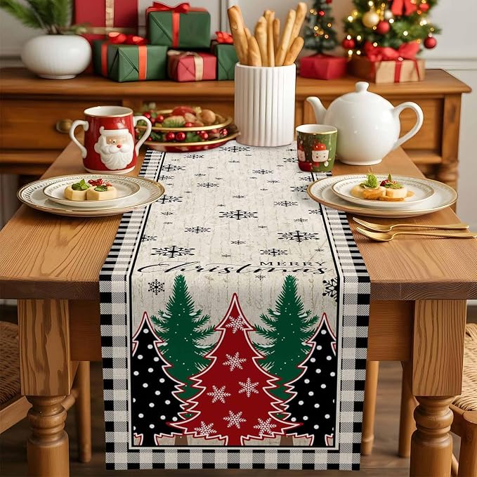 Christmas Trees Table Runner 60 Inches Long, Xmas Snowflake Retro Table Runners - Image 5
