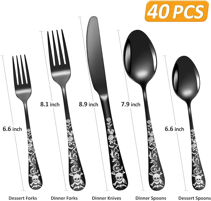 Skull Black Silverware Set for 8, 40-Piece Pirate Rose Flatware Set, Gothic - Image 2