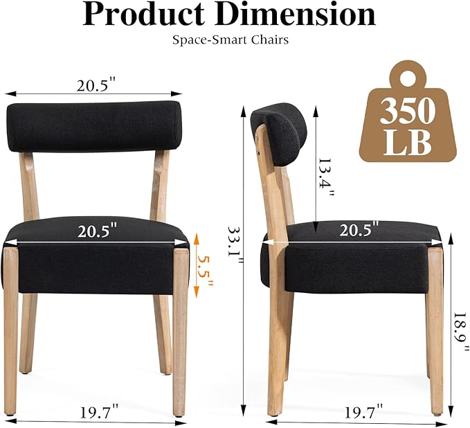 Dining Chairs,Set of 2 Mid-Century Modern Wooden Kitchen Chairs with Linen Upholstery - Low-Back Woven Design for Kitchen & Dining Room,Black Fabric