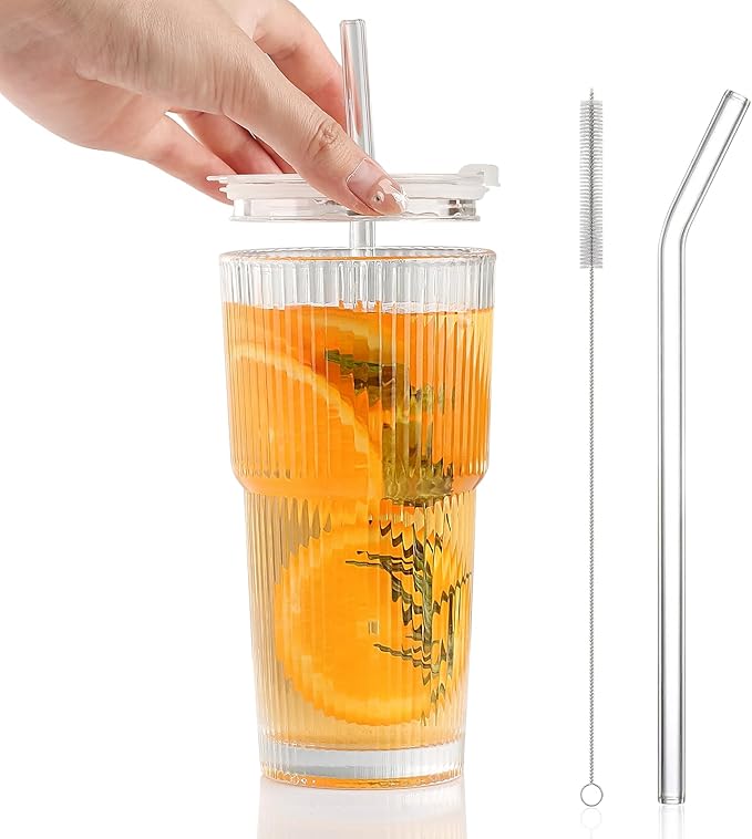 Glass Cups with Lids and Straws - 18oz Glass Tumbler with Straw and Lid, Premium Coffee Cups for Tea, Iced Coffee, Smoothie，Ideal Gift for Home, Office, Coffee Shop, 1pack