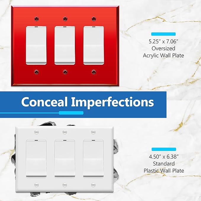 LIDER Reflective Acrylic Decorator Wall Plate, Mirrored Light Switch Plate, Plexiglass Outlet Cover, Acrylic Glass, Oversized 3-Gang 5.25" x 7.06", LWP-33O-ARD, Red