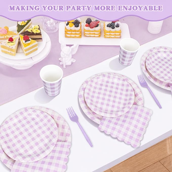 Vyntra 350 Pcs Lavender & White Checkered Gingham Paper Plates and Napkins Set - Image 6