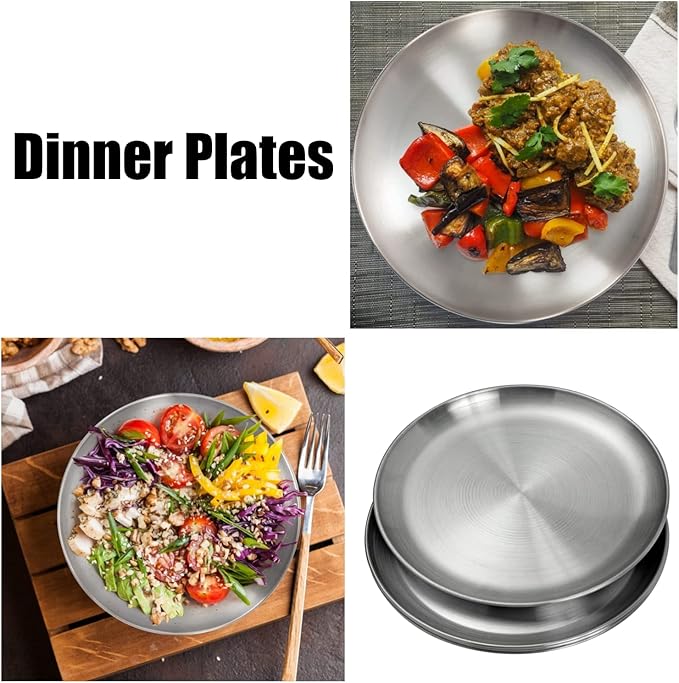 Stainless Steel Plates 9 inch 304 Metal Lightweight Unbreakable Dinner Dishes Plates Set Non-Toxin Dishwasher Safe BPA Free and Healthy (10 Pcs)