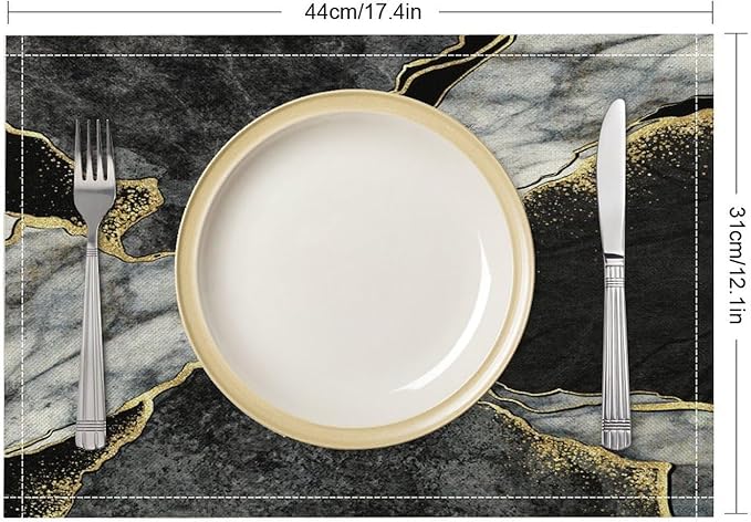 Marble Linen Placemats Set of 2, Modern Abstract Foil Texture Grey Black Marble Washable Cloth Place Mats, Non-Slip Dining Table Placemats for Home Kitchen Party Banquets Decor 12x17 Inch