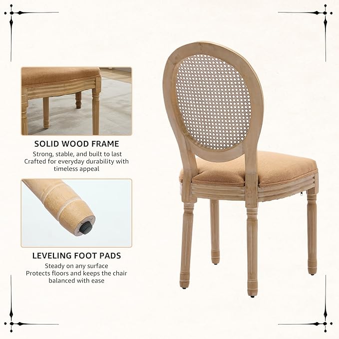 Vintage French Rattan Dining Chairs Set of 4, Round Back Accent Chairs with Rattan Backrest and Upholstered Linen Seat, Solid Wood Frame Sillas de Comedor for Dining Room & Kitchen, Camel