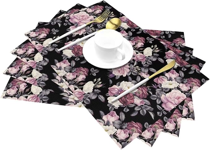 Vintage Floral Placemats Set of 6 Pink Rose Peony Flower Blossom Black Wipeable Table Mats Reusable Washable PVC Rectangle Place Mats for Kitchen Dining Home Decor 12x18 Inches