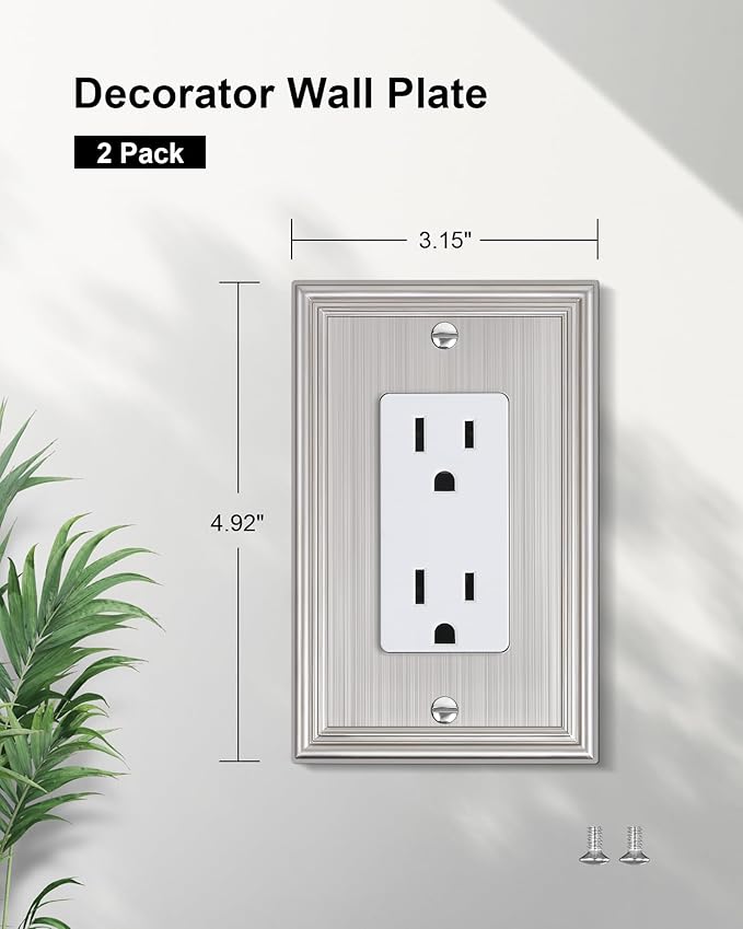 2-Pack Decorator Outlet Cover Plate, Brushed Nickel Decorative Switch Plates and Outlet Covers, Durable Zinc Alloy Wall Plates for Electrical Outlets, Receptacle, GFCI Outlet, Dimmer Switch