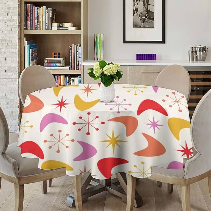 Mid Century Modern Round Tablecloth, Vintage Abstract Colorful Geometrics Modern Art Tablecloth for Home Party Dining Room Kitchen Decor 50Inch(127cm)