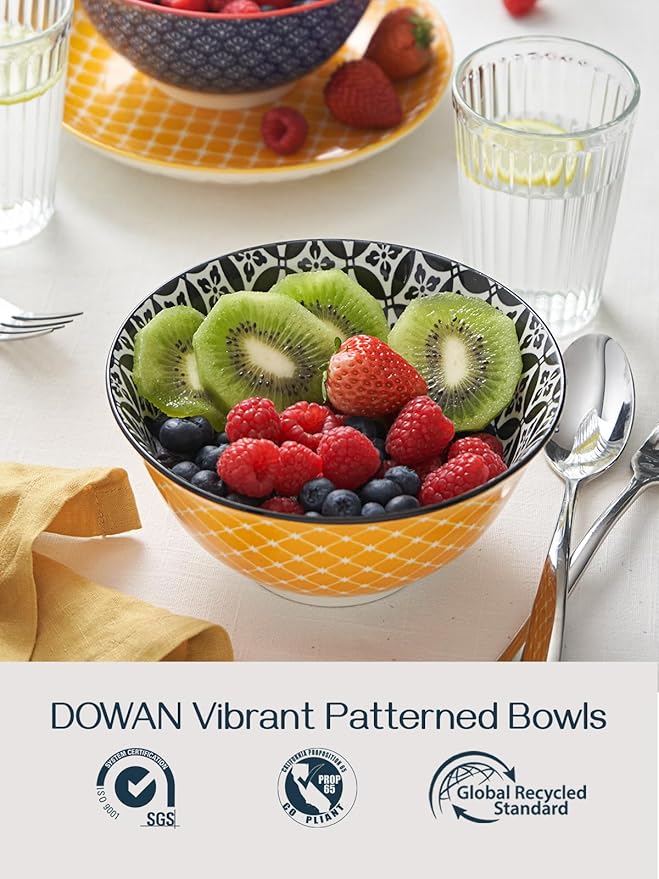 DOWAN Mosaian 33 OZ Large Bowl Set of 6 - Ceramic Deep Bowls for Ramen, Pasta, Salad - Vibrant Patterned Porcelain Bowls for Kitchen Decor & Housewarming Gift - Dishwasher & Microwave Safe