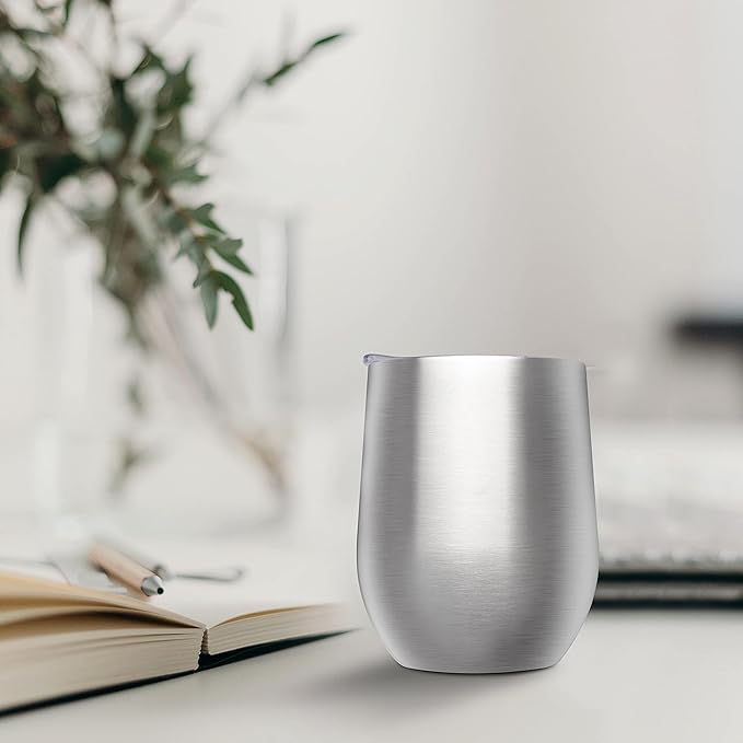 DISCOUNT PROMOS Stemless Wine Glass Tumblers with Lids by Largo 11 oz. Set of 6, Bulk Pack - Perfect for Wine, Cocktails, Other Hot & Cold Beverages - Silver