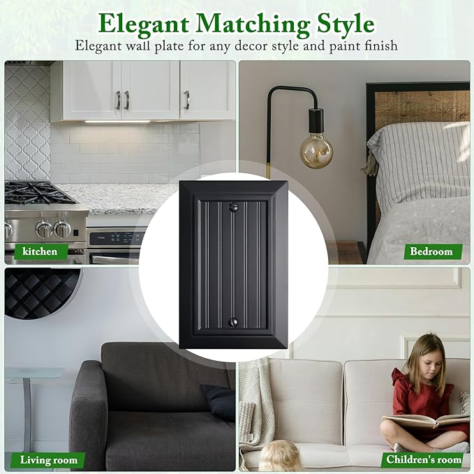 Beadboard Outlet Covers Wall Plates, Bamboo Fiber Light Switch Covers, Natural Material Electric Receptacle Decorative Switch Plate Outlet Cover Matte Black (1 Gang Blank 4 Pack)