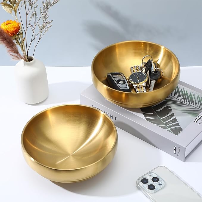 2 Pcs Gold Large Key Bowl, 7.4 Inch Decorative Key Bowl for Entryway Table Catch All Dish Gold Keys Bowls for Entryway Table Home Decor Centerpiece