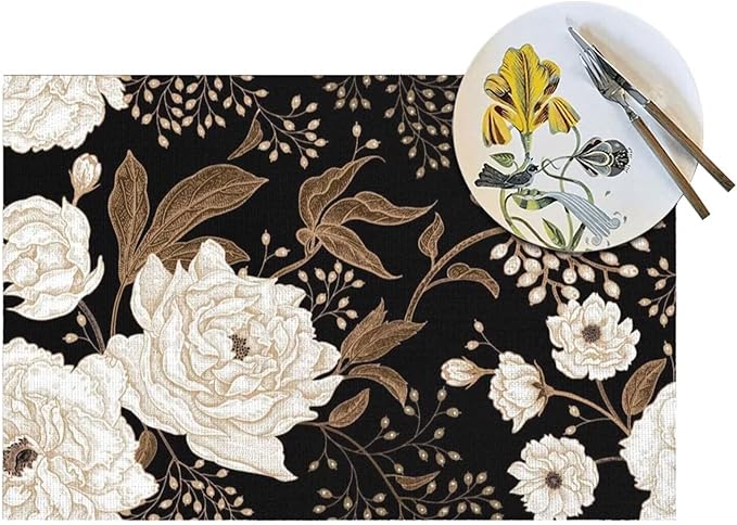 Placemats Set of 6 Vintage Peony Place Mats Beige Floral Leave Rustic Black Woven Table Mats Washable Beige Flower PVC Placemat for Dining Kitchen Decor Indoor Outdoor, 12 x 18 Inch