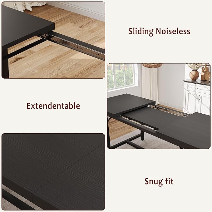 IDEALHOUSE 3-Piece Dining Table Set for 4-6 People, 63" Large Extendable Kitchen Table Set w 2 Soft Benches, Easy Assembly, Space Saving for Apartment, Small Space, Black