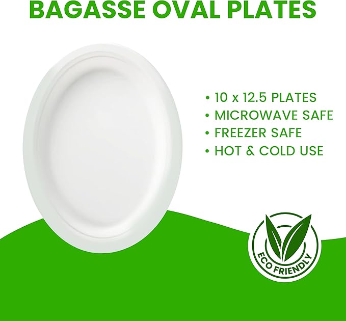 Oval Plates Disposable (125, Large) Eco-Friendly Sugarcane – Biodegradable, Compostable, Sturdy, BPA-Free, Microwave & Freezer Safe – Perfect for Parties, Weddings, Picnics & Everyday Use