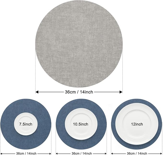 Myir JUN Reversible Vinyl Round Placemats Set of 4, Faux Leather Place Mats Dual Sided Waterproof Wipeable, Heat-Resistant Table Mats for Kitchen Dining Indoor Outdoor (14", Light Gray Navy Blue)