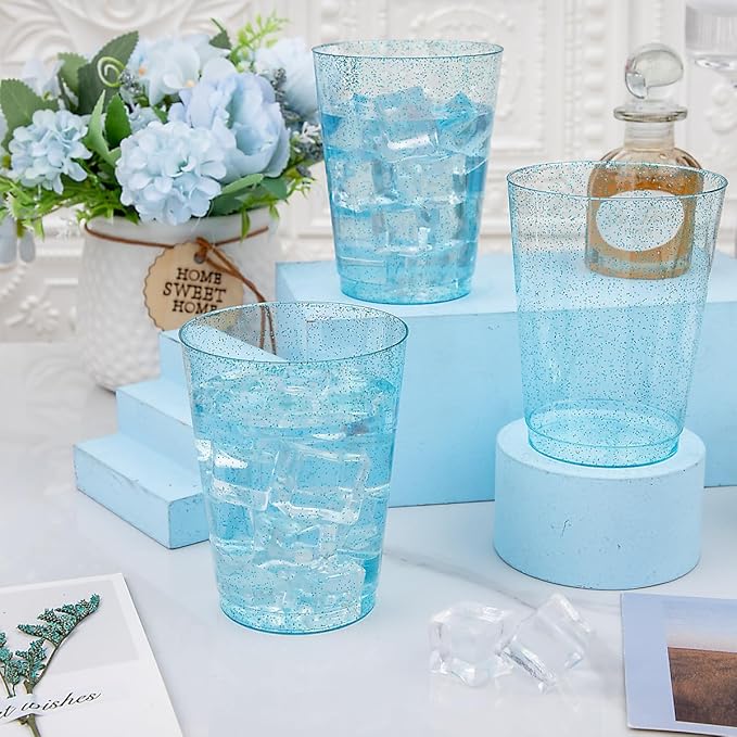 DaYammi 100 Pack 10 oz Blue Plastic Cups Disposable Cups Tumblers, Elegant Blue Glitter Party Drinking Cup Perfect for Wedding, Fancy Disposable Cups Plastic Cocktail Glasses Wine Glasses for Party