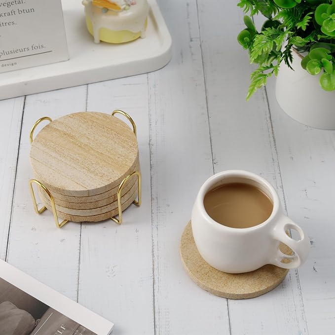 Absorbent Coasters Set of 6, Desert-Like Patterns Natural Sandstone Coaster with Holder for Coffee Table Decor, Rustic Stone Drink Coasters with Velvet Backing, Made from Australian Sandstone