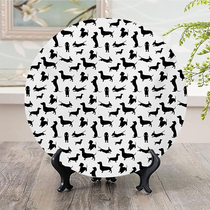 Ceramic Plates, Dog Lover Decorative Ceramic Plates, Monochrome Dachshunds in Numerous Stances Active Life, 10 Inch, Household Plates Decorative, Black White