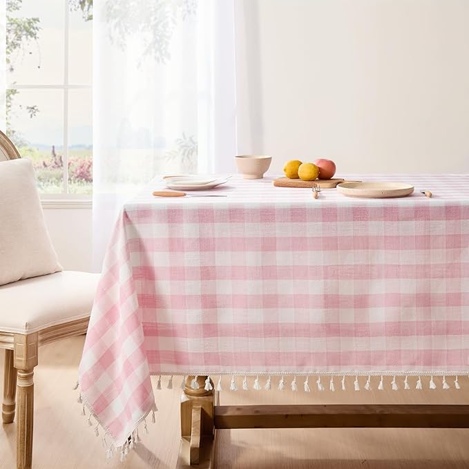 Softalker Valentines Pink Gingham Tablecloth Square, Outdoor Linen Cotton Checkered Table Cloth with Tassel, Heavy Duty Wrinkle Free Plaid Table Cover for Easter Dining Spring Party - 55 x 55 Inch