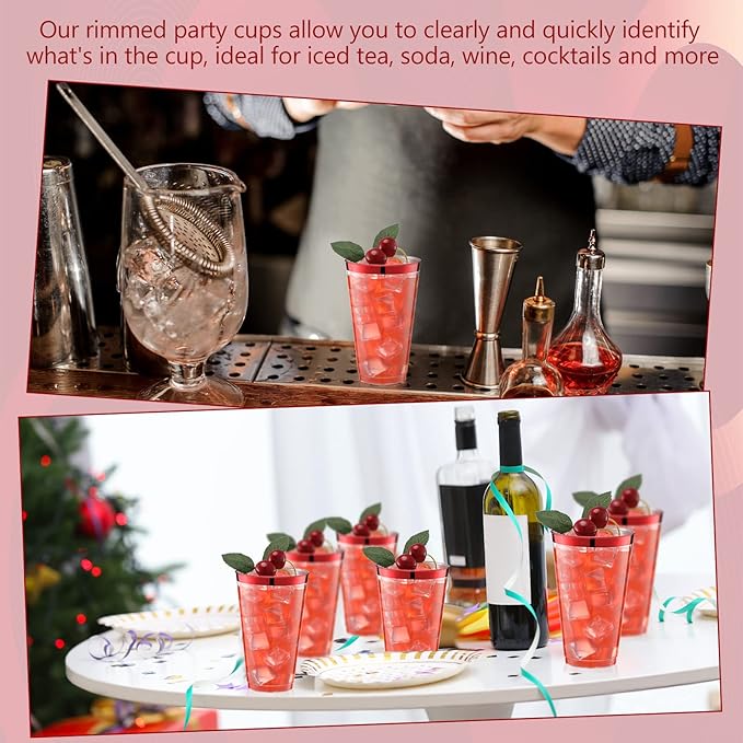 Patelai 100 Pcs 16oz Plastic Cups Disposable Rimmed Cups Heavy Duty Drinking Wine Glasses for Christmas Winter Birthday Beer Taste Serving Snack Sample Tastings Barbecues Picnic(Red)