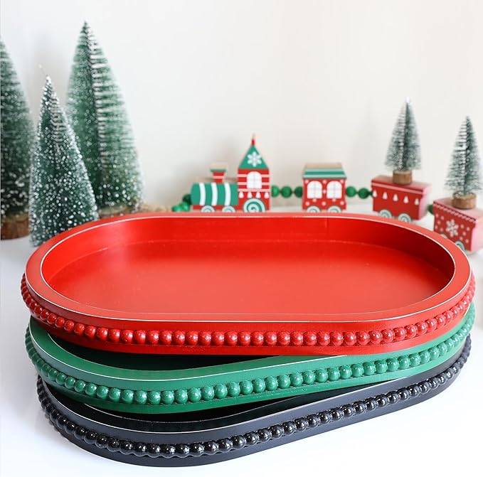Green Oval Wood Decorative Ottoman Tray for Coffee Table Kitchen Counter, Living Room, Handcrafted Green Wooden Serving Tray for Table Centerpiece