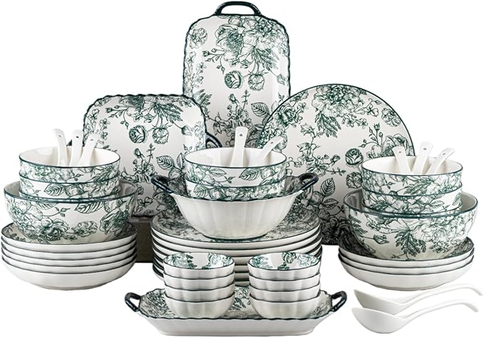 Ceramic Dinnerware Set, Floral Plates and Bowls Sets, Microwave & Dishwasher by FANGJING