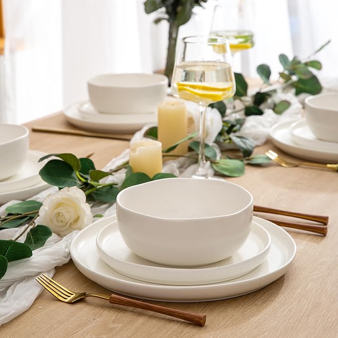 AmorArc Ceramic Dinnerware Sets, Wavy Rim Stoneware Plates and Bowls Sets,Dishwasher & Microwave & Oven Safe Dishes set, Service for 4 (12pc)-Matte Speckled White