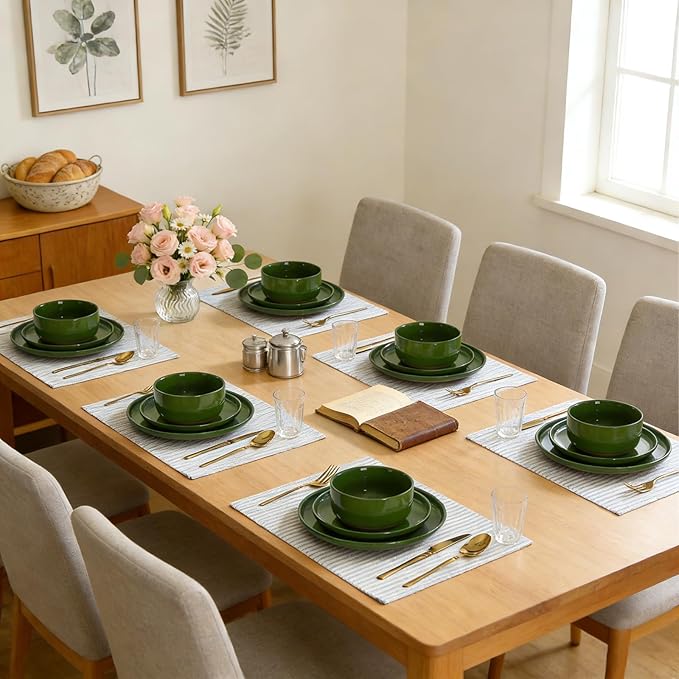 GZG Modern Art Series - 24 Pcs Speckled Stoneware Plates and Bowls Sets, Ceramic Dinnerware Set with Rustic Terracotta Underside, Microwave and Dishwasher Safe Handcrafted Dishes Set - Verdant Green