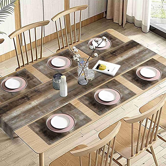 Brown and Grey Table Runner and Place Mats Set of 6 Dark Rustic Abstract - Image 4