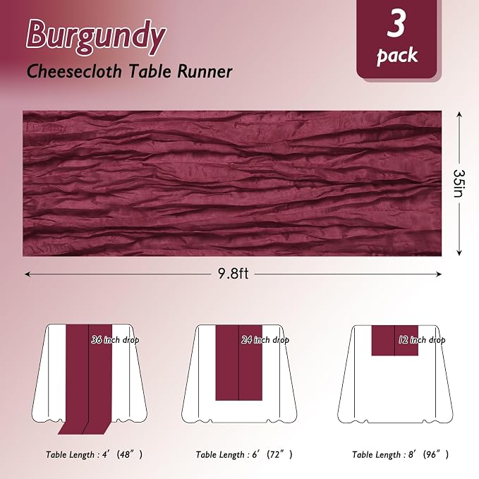 12 Pack Burgundy Red Cheesecloth Table Runner 120 Inch Boho Wedding Decor | - Image 2