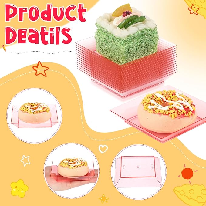 Zhehao 100 Pcs Plastic Dessert Appetizer Plates Disposable, 3.6 x 3.6 Inch Small Square Plastic Dessert Cake Plate for Party, Valentine's Day Wedding Birthday Bridal Baby Shower Supplies (Red Clear)