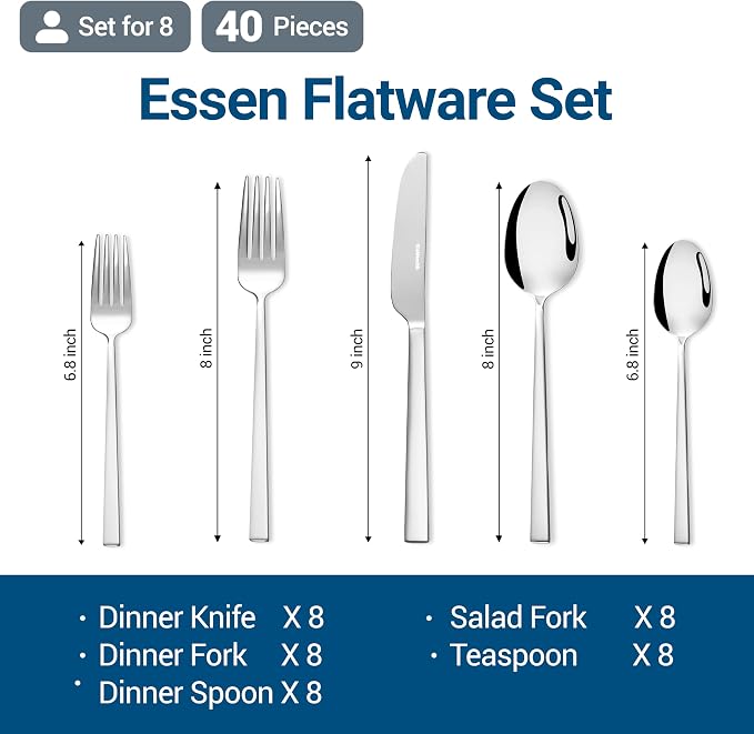 40-Piece Durable 18/10 Silverware Set, Stainless Steel Flatware | Dishwasher - Image 3