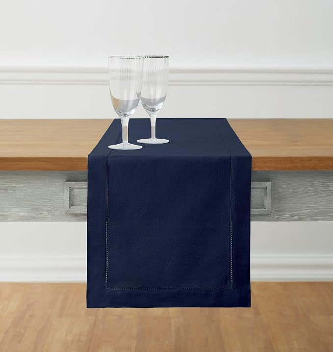 Solino Home Cotton Linen Table Runner Navy, Hemstitch Collection 14 x 90 in | by SolinoHome