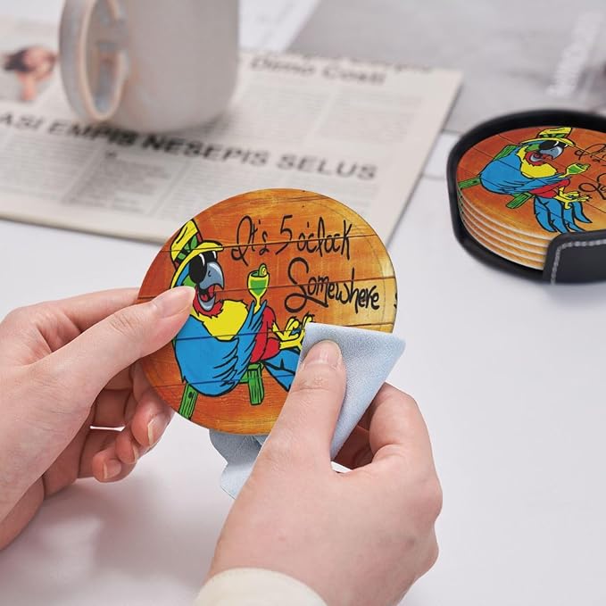 It's 5 O'Clock Somewhere Coasters Set of 6 Funny Parrot Coaster | - Image 5