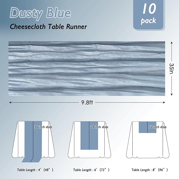 12 Pack Dusty Blue Cheesecloth Table Runner 120 Inch Boho Wedding Decor | - Image 2
