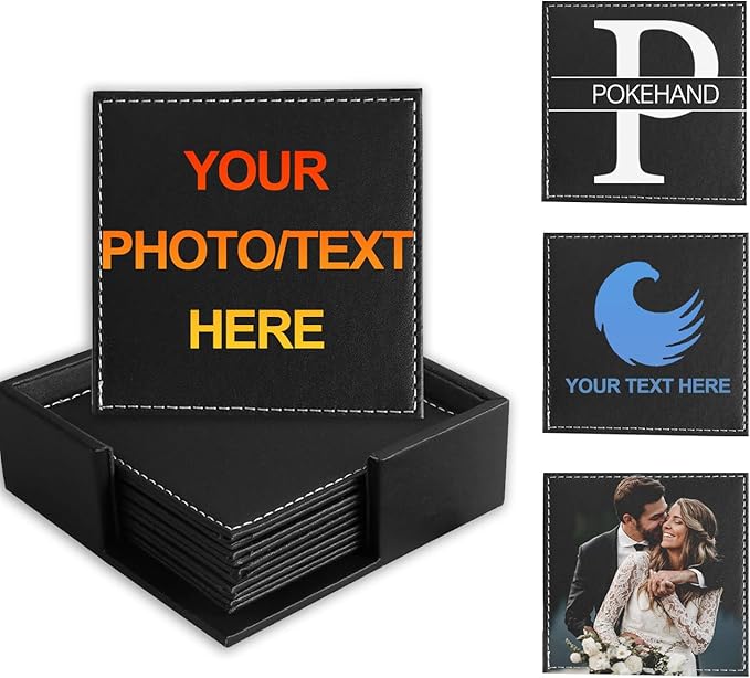 Personalized Coasters,Custom Set of 6 Leather Coaster for Drinks with Holder,DIY Customized with Name/Photo/Logo Non-Slip, Heat Resistant, Waterproof for Bars, Kitchens, Home Apartments