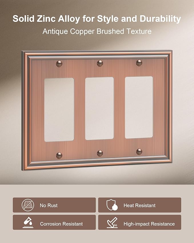 2-Pack Decorative Tripple Decorator Outlet Cover Plate, Durable Zinc Alloy Antique Copper Wall Plates for Electrical Outlet, Receptacle, GFCI Outlet, Dimmer Switch, 3-Gang Corrosion Resistant