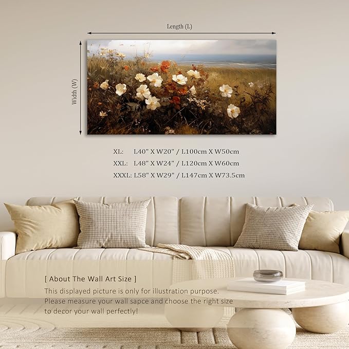 ADJUVANT Wall Art Vintage Coastal Wildflower Field 40"L x 20"W, Seaside Meadow With White And Orange Blooms Canvas Painting Nature Artwork Retro Floral Prints Botanic Wall Decor for Living Room Bedroom