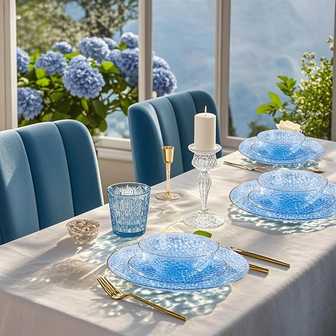 I00000 20 Pack 12 Ounce Blue Plastic Bowls Hammered Gold Rimmed Crystal Like, Heavy duty Disposable Bowl Set,Elegant Soup/Salad/Dessert/Ice Cream Bowls For Party, Weddings, Catering