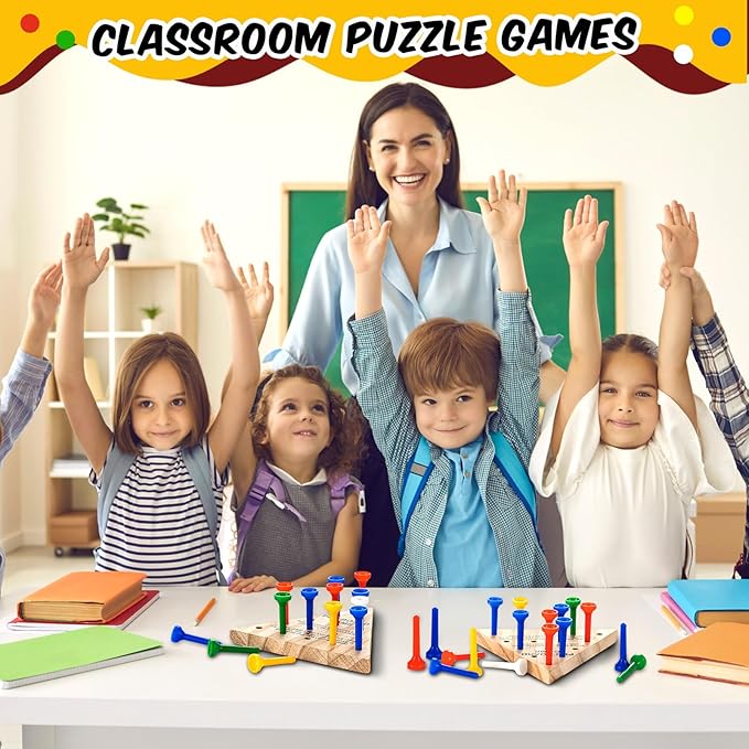 Skylety 6 Pack Triangle Peg Games Wooden Board Table Game for Family Boys Girls Adults, Learning Toys Travel Peg Jump Toys Triangle Puzzle Brain Teaser Christmas Gifts (Multicolor)