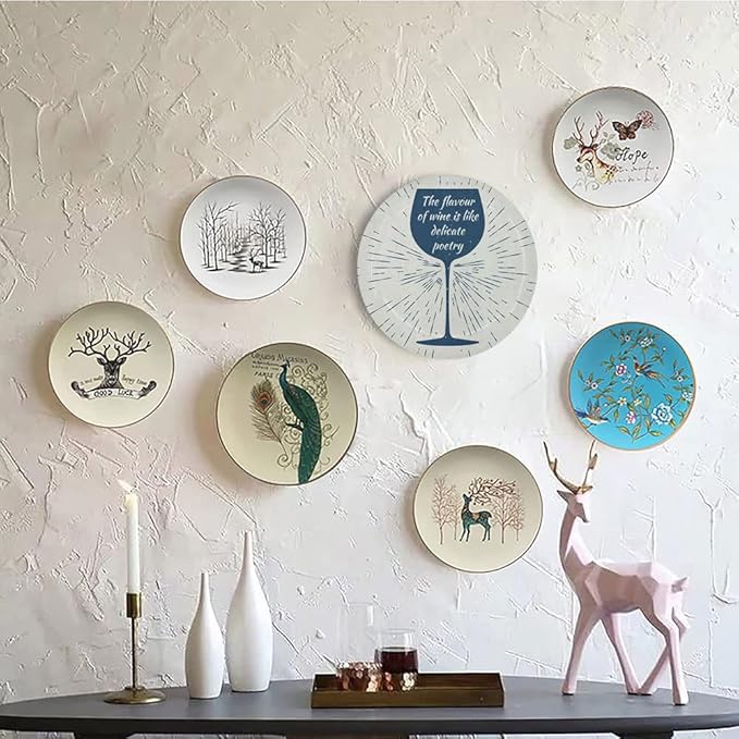 Ceramic Display Plate, Wine Ceramic Hanging Decorative Plate, Wine Glass and Vintage Sun Burst Frame, 10 Inch, Household Custom Ceramic Plate, Night Blue White