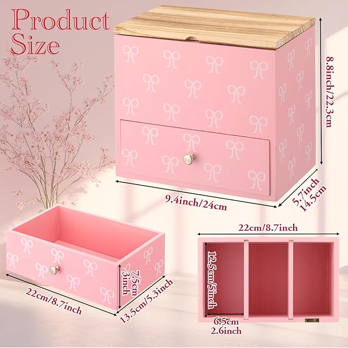 Pink Bow Tampon Holder for Bathroom Wood Feminine Product Organizer with Drawer and Lid Pad and Tampon Organizer Bathroom Accessories Storage Box for Pink Bow Washroom Period Box